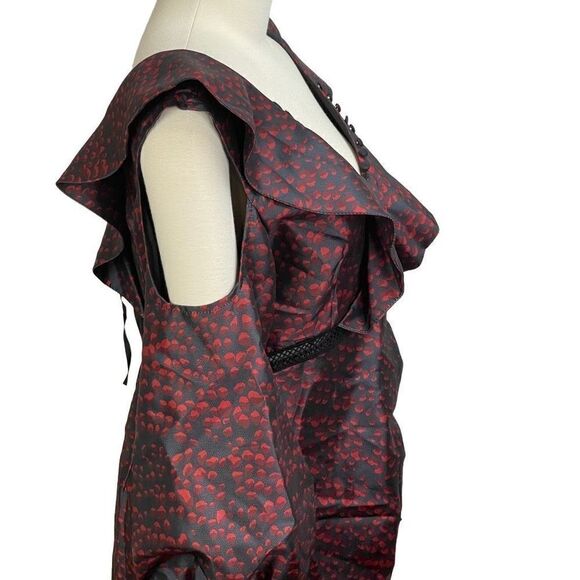 Beulah Red Black Stunning Runway Ruffle V-neck Dress Size L - Picture 7 of 14